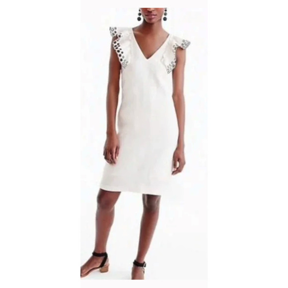 J Crew Collection Ivory Linen Blend Ruffle-Shoulder Eyelet‎ Shift Dress~ Size 00 - Picture 2 of 5